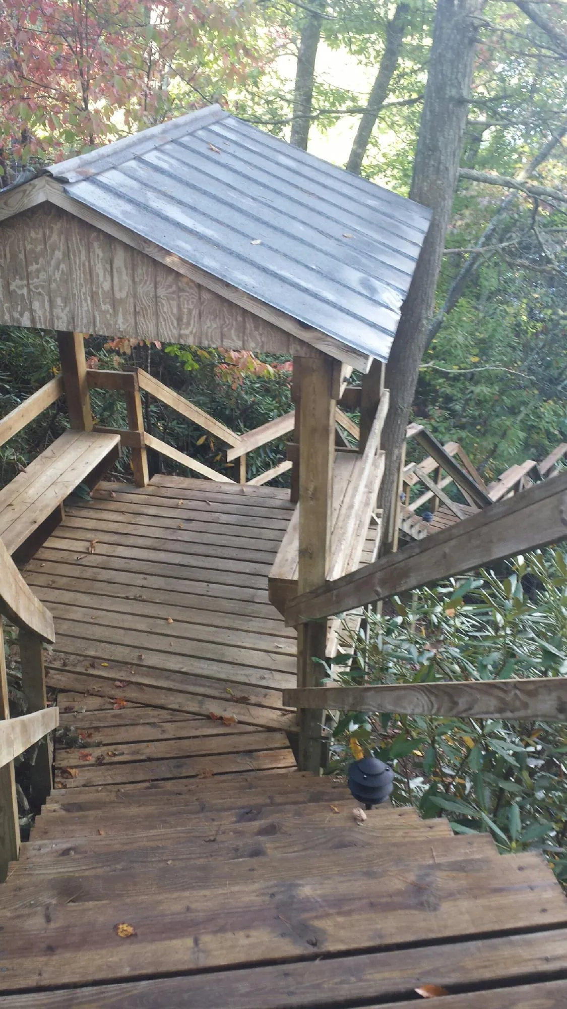 Metal roofed shelter over wooden steps on a wooded walkway — Skylight Repair & Installation work by our crew in Hillister